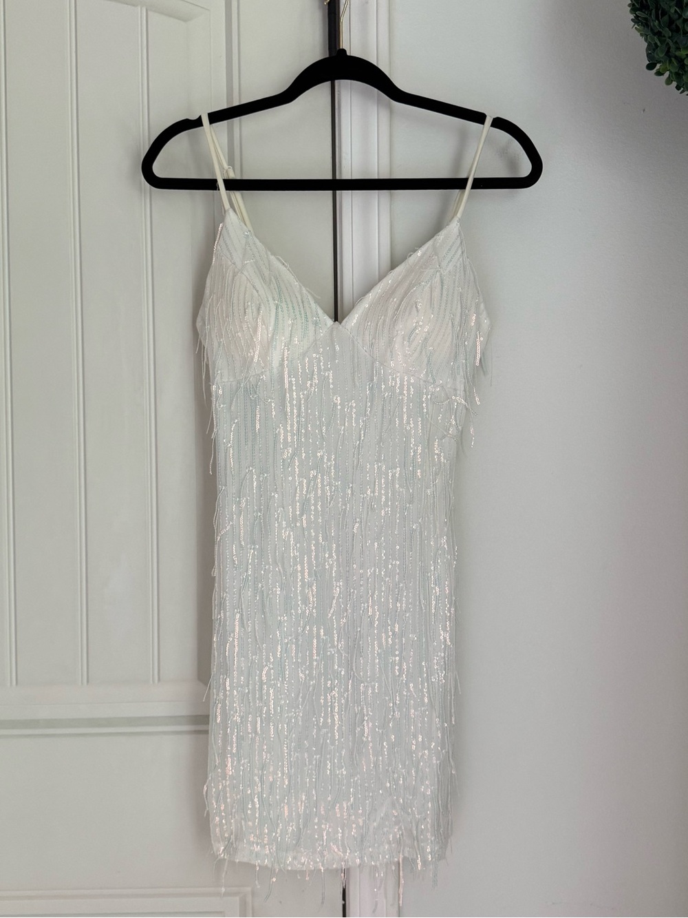 White Sequin Fringe Mini Dress with Spaghetti Straps